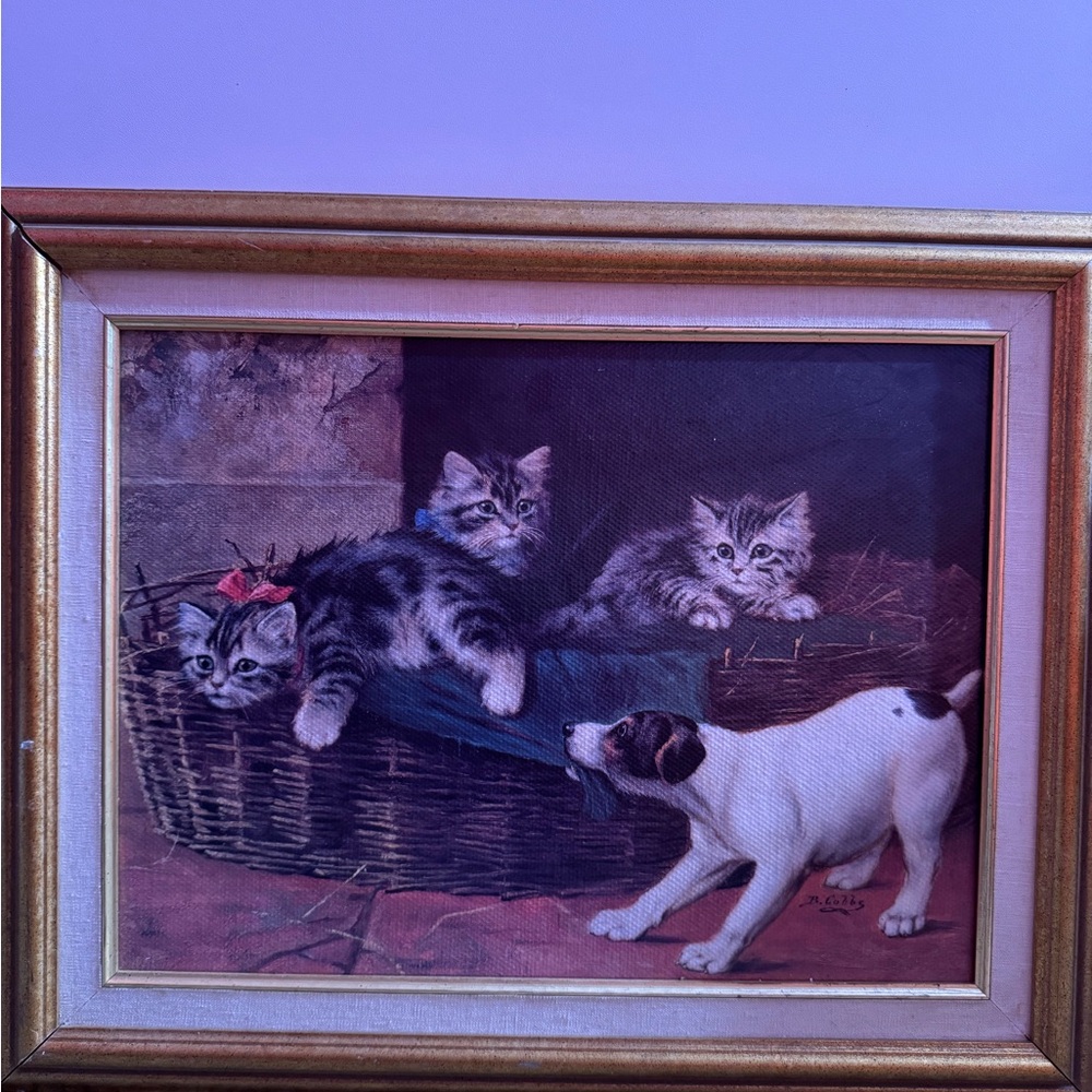 Framed vintage Cat and Dog Art Print